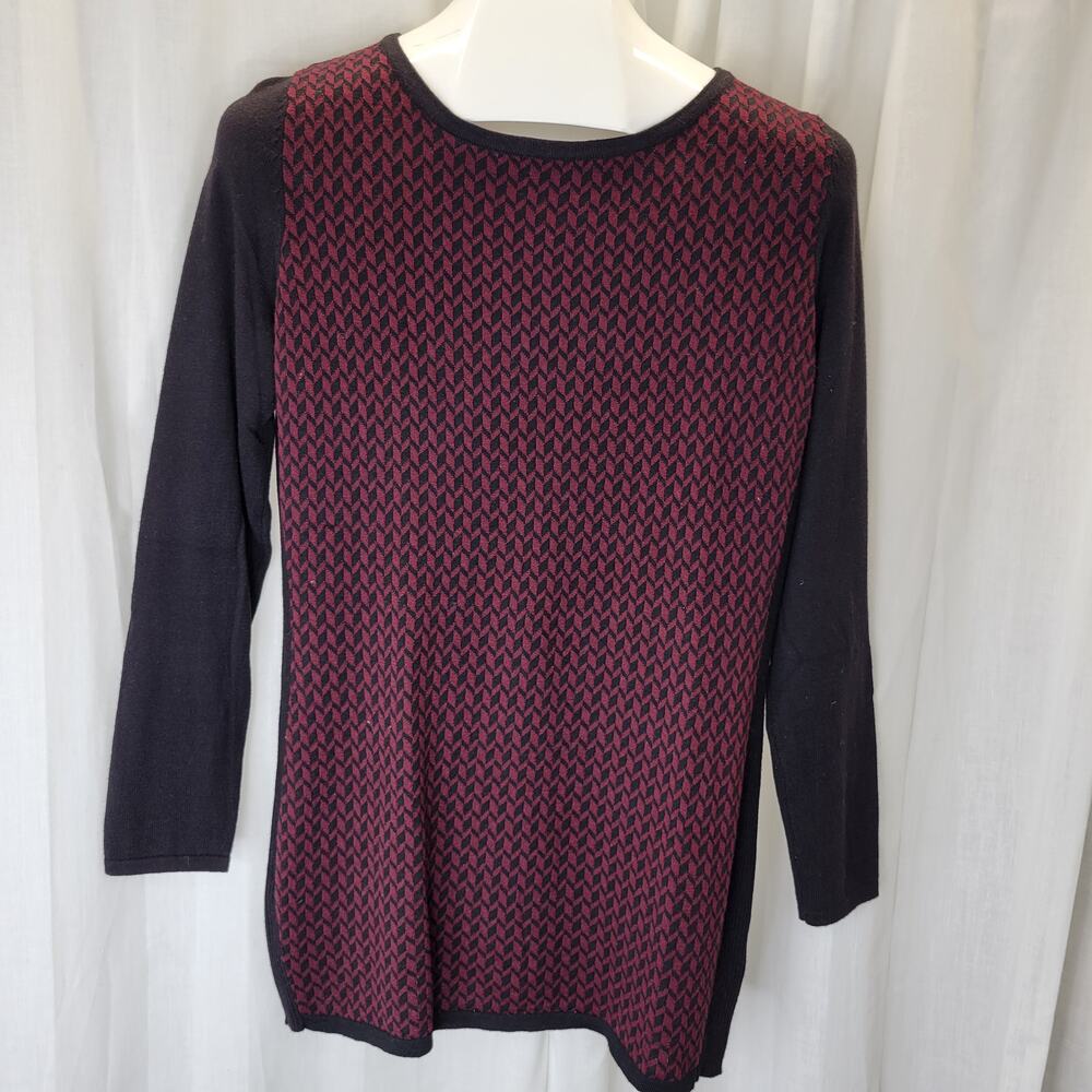 Fred David Maroon Black Herringbone Crew Neck Sweater, M